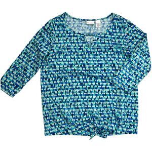Kim Rogers Top Abstract Print‎ Tie Front Blue Green Shirt Women's Small Blouse